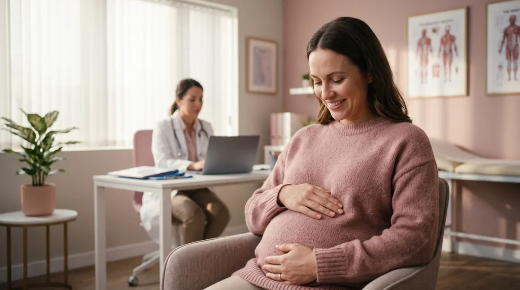Mujer embarazada en consulta médica durante la semana 12 de gestación para la ecografía del primer trimestre